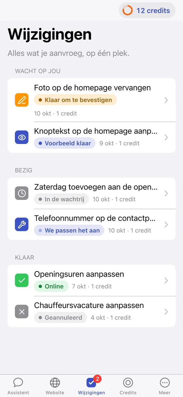 Het portaal: wijzigingen die klaarstaan, bezig zijn of online staan