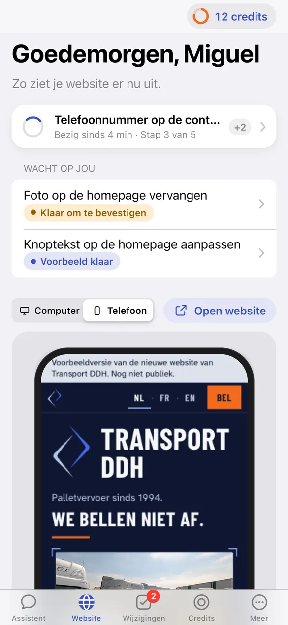 Het portaal: de startpagina met je website en de wijzigingen die op jou wachten